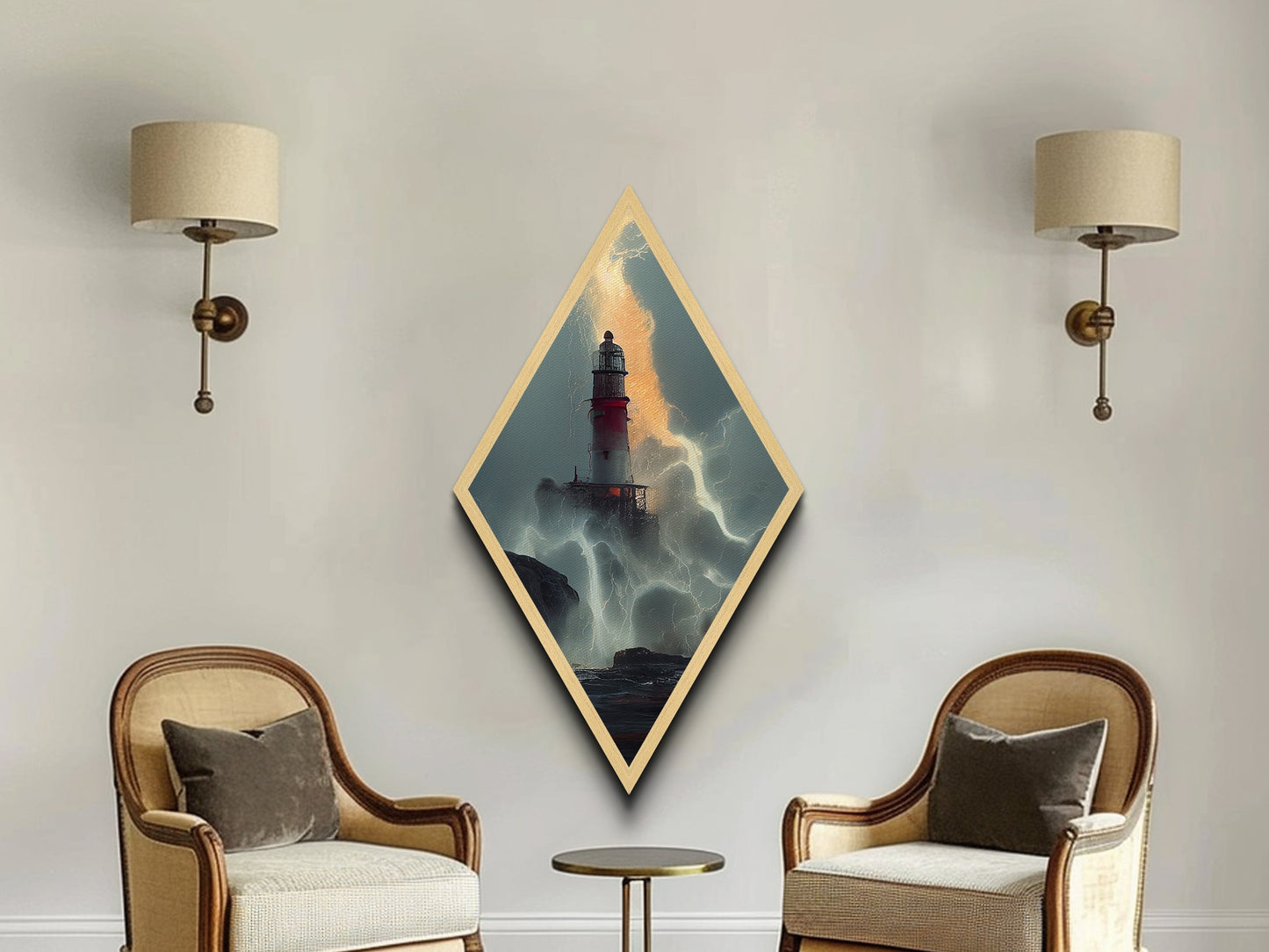 Lighthouse Tempest Fury Diamond Shaped Stormy Sea Wall Art Canvas Embossed Print Dramatic Nautical Lightning Ocean Decor