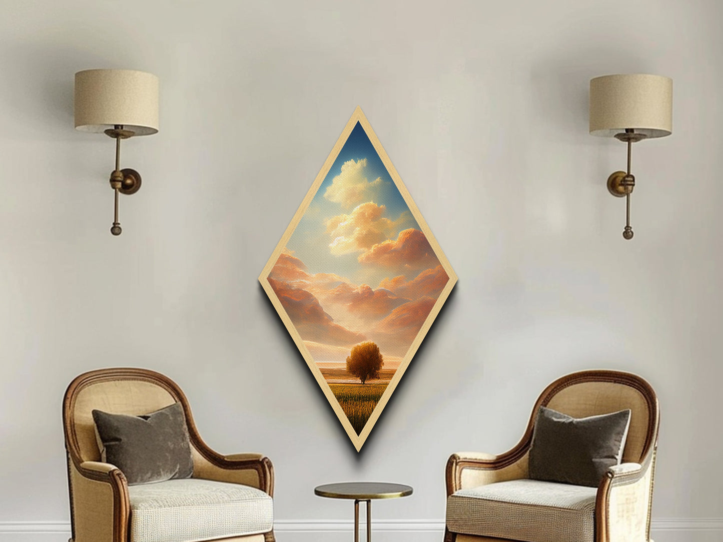 Golden Prairie Tree Diamond Shaped Serene Landscape Scene Canvas Art Print Peaceful Field Skies Rustic Nature Wall Decor