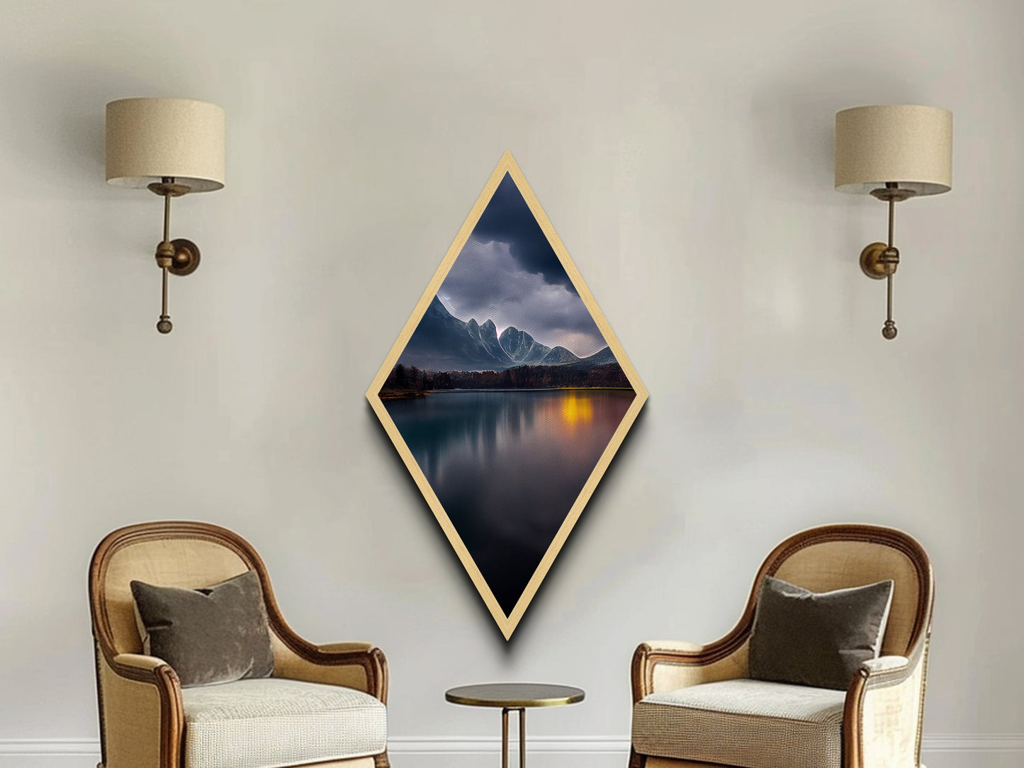 Thunder Peak Reflection – Diamond Shaped Stormy Lake Mountains Canvas Textured Print, Moody Scenic Nature Wall Art, Atmospheric View