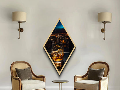 City Lights Whiskey – Diamond Shaped Canvas Embossed Print Nightlife Bar Art, Modern Whiskey Glass Wall Decor, Urban Evening Cocktail Vibe