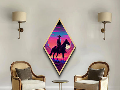 Neon Cowboy Sunset – Diamond Shaped Canvas Art Print with Western Landscape Scene, Vibrant Sky Wall Decor, Modern Desert Art