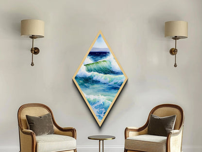 Ocean Wave Surge Diamond Shaped Canvas Textured Print, Coastal Watercolor Seascape Wall Art, Blue Wave Nature Art Gift