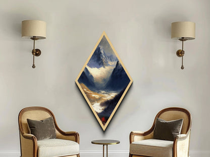 Alpine Valley Peaks Diamond Shaped Canvas Art Print, Snowy Mountain Scenic Wall Decor, Wilderness Landscape Nature Painting
