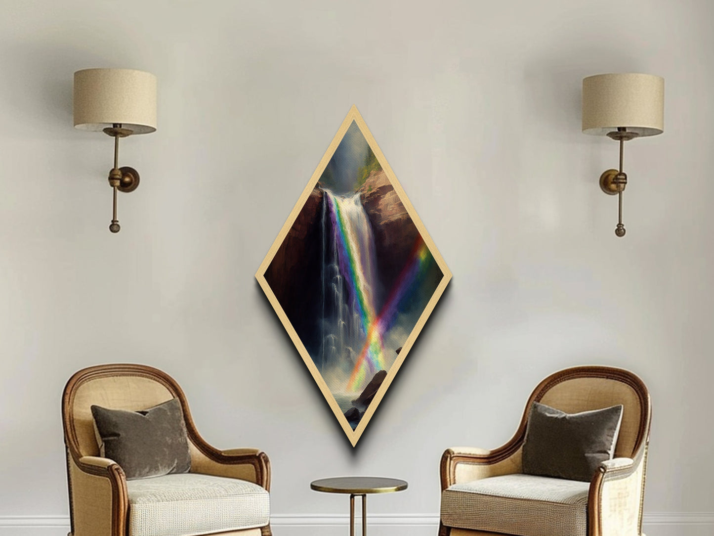 Rainbow Cascade Falls Diamond Shaped Canvas Embossed Print, Waterfall Landscape Art Print, Nature Wall Decor Mountain Scene