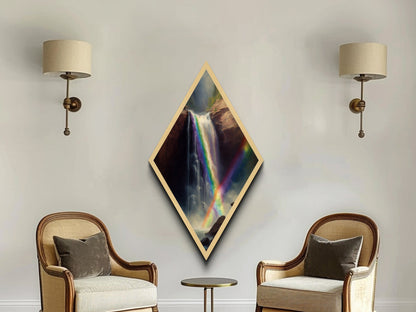 Rainbow Cascade Falls Diamond Shaped Canvas Embossed Print, Waterfall Landscape Art Print, Nature Wall Decor Mountain Scene