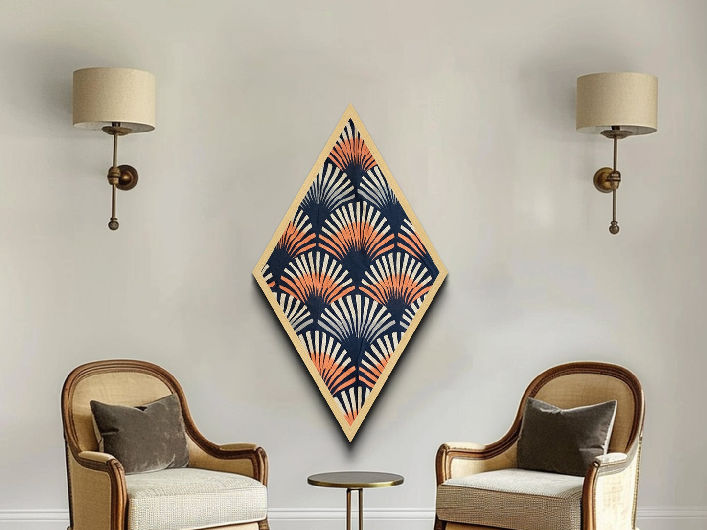 Retro Fan Pattern – Diamond Shaped Canvas Textured Print Mid Century Modern Wall Decor, Navy Orange Abstract Textile Style, Bold Boho Vibes