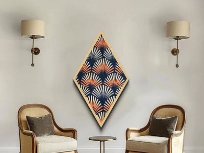 Retro Fan Pattern – Diamond Shaped Canvas Textured Print Mid Century Modern Wall Decor, Navy Orange Abstract Textile Style, Bold Boho Vibes