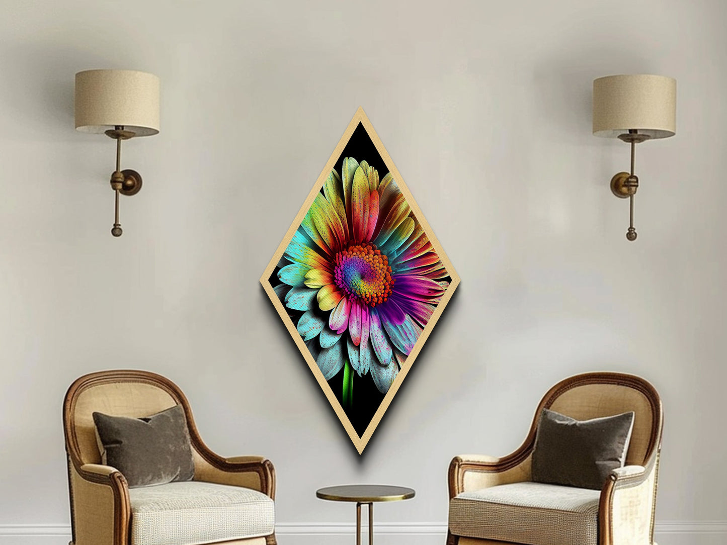 Funky Rainbow Flower Print, Canvas Embossed Wall Art, Diamond Shaped Art