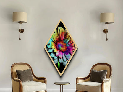 Funky Rainbow Flower Print, Canvas Embossed Wall Art, Diamond Shaped Art