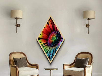 Rainbow Sunflower Painting Print, Diamond Shaped Wall Art, Canvas Embossed Art Print