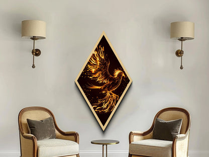 Phoenix Wood Framed Art Print, Diamond Shaped Art, Rebirth, Reincarnation, Canvas Textured Decor Art Print, Office Art