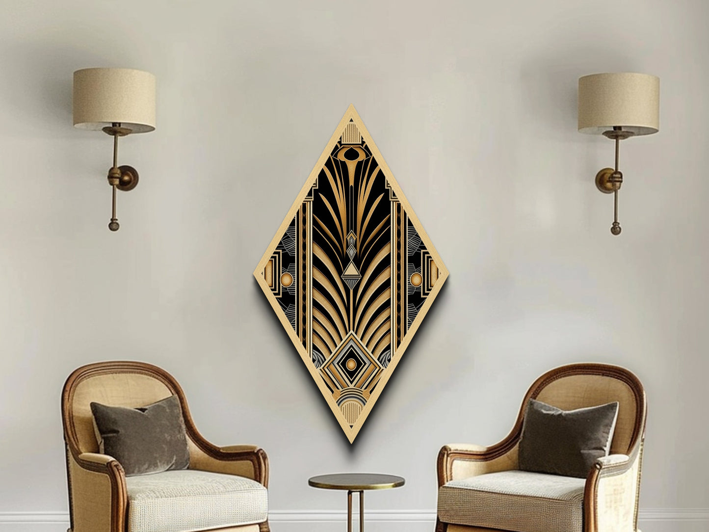 Gold and Black Diamond Shaped Art Deco Wall Art Panel Print, Diamond Shaped Art, Office Decor, MCM Art