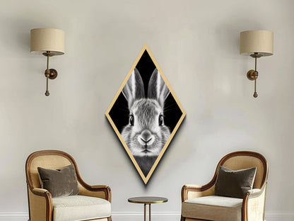 Curious Bunny Face Diamond Shaped Canvas Textured Print, Black and White Rabbit Animal Art, Minimalist Pet Lover Wall Decor