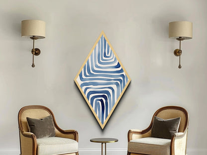 Spiral Indigo Maze Diamond Shaped Canvas Textured Print, Bold Modern Abstract Art, Geometric Blue Watercolor Wall Design