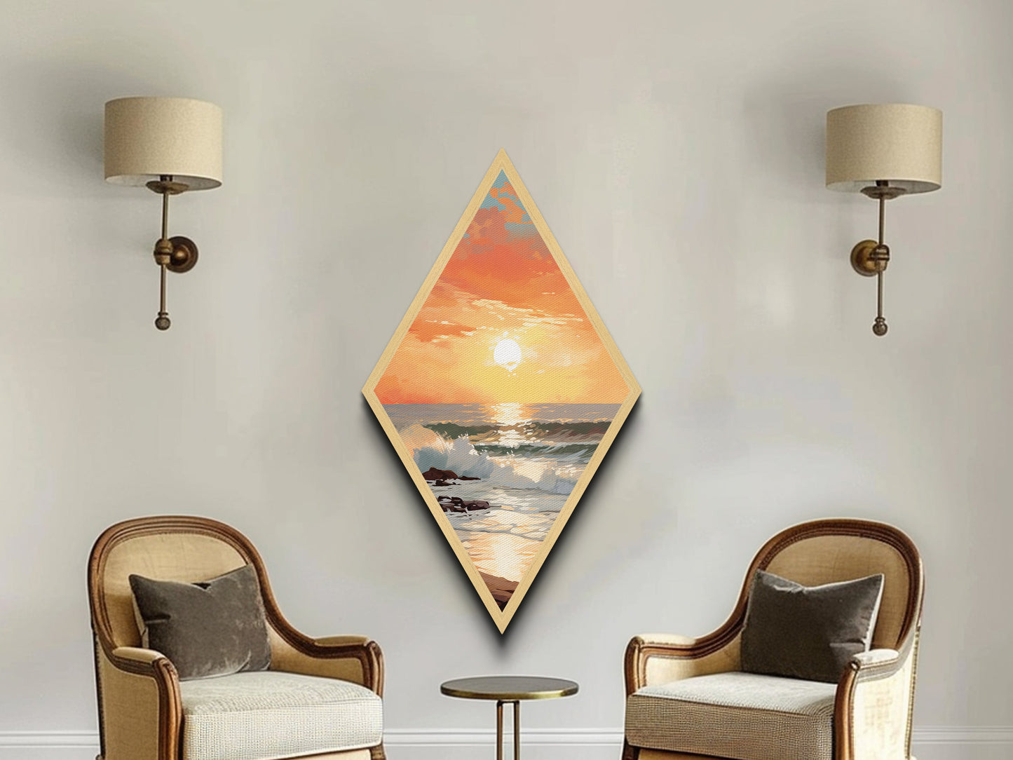 Beautiful Beach Sunset Framed Print, Nautical Painting, Coastal Decor, Diamond Shaped Art, Retro MCM Style Wall Art