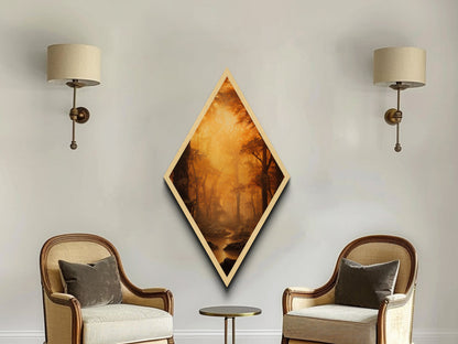 Fall In The Forest, Canvas Textured Print, Diamond Shaped Landscape Painting, Retro Home Decor, Nature Painting