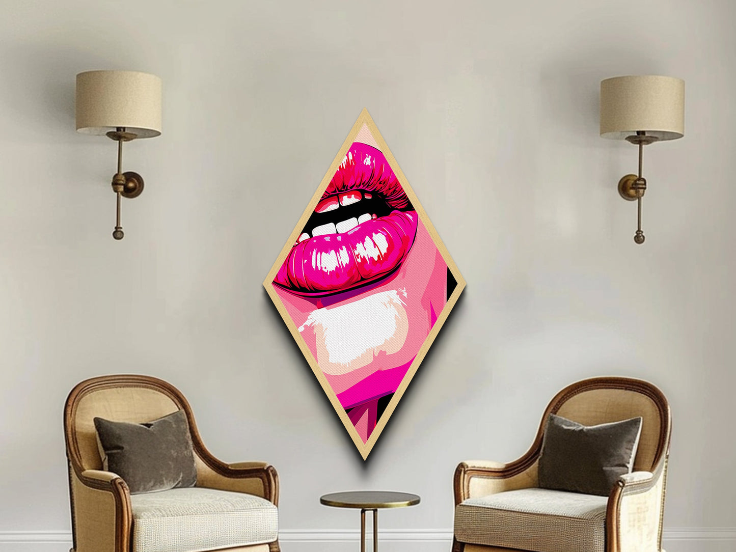Glossy Pink Lips Biting – Canvas Art Print Bold Pop Art Diamond Wall Decor, Retro Comic Style, Lipstick Fashion Wall Accent, Neon Vibe