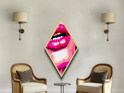 Glossy Pink Lips Biting – Canvas Art Print Bold Pop Art Diamond Wall Decor, Retro Comic Style, Lipstick Fashion Wall Accent, Neon Vibe