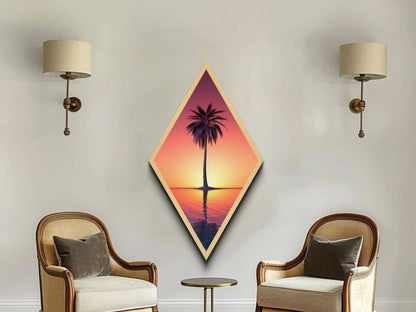 Synth Wave Palm Tree at Sunset, Framed Canvas Art, Wood Framed Canvas Texture Wall Art, Diamond Shaped Decor, Retro Wall Art