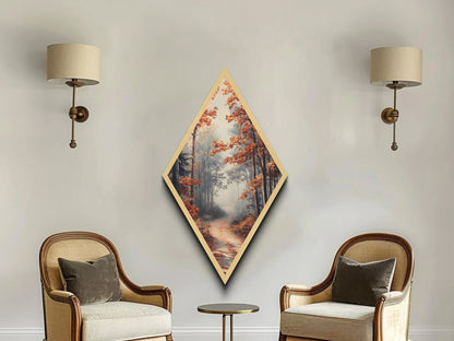 Diamond Shaped Autumn Forest Glow, warm foliage scenic Canvas Textured Print, cozy woodland path artwork, rustic fall home wall piece