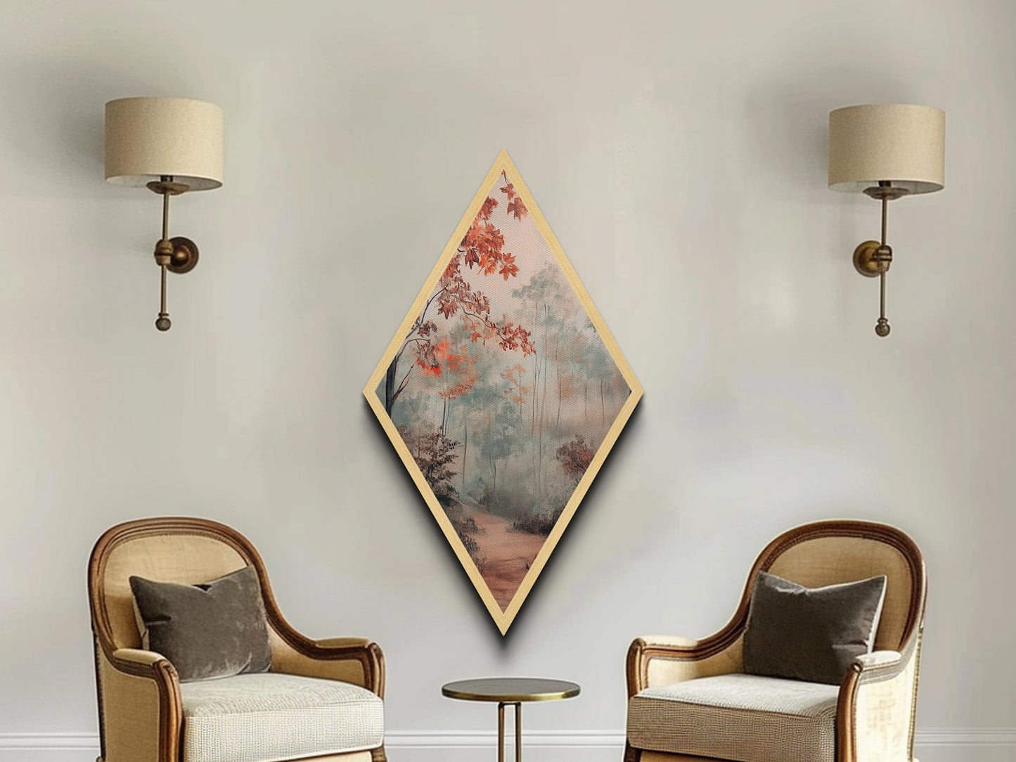 Diamond Shaped Misty Red Autumn Trees, peaceful morning woods Canvas Art Print, soft seasonal foliage decor, muted fall forest artwork