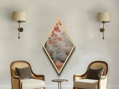 Diamond Shaped Misty Red Autumn Trees, peaceful morning woods Canvas Art Print, soft seasonal foliage decor, muted fall forest artwork