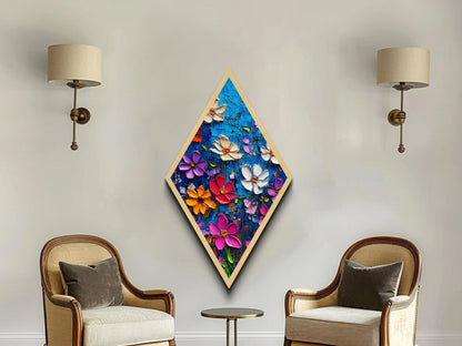 Blue Blossom Pop — Diamond Shaped Canvas Textured Print makes a lively statement in bathroom or hallway with bold floral palette knife design