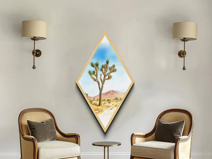 Mojave Tree Scene Diamond Shaped Canvas Textured Print, Watercolor Nature Landscape, Desert Mountain Western Wall Art