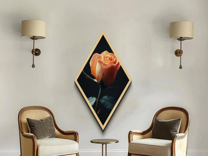 Soft Peach Rose Diamond Shaped Canvas Embossed Print, Floral Minimalist Wall Art, Romantic Moody Botanical Fine Decor