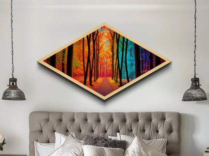 Chromatic Forest Path – Diamond Shaped Rainbow Woodland Trail Canvas Art Print with autumn trees, vibrant color spectrum, surreal landscape