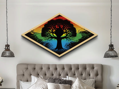 Prism Tree of Life – Diamond Shaped Rainbow Roots Silhouette Canvas Art Print with psychedelic tree, colorful energy, and abstract style