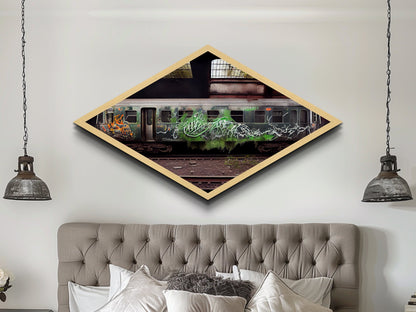 Graffiti Train Scene – Diamond Shaped Canvas Art Print with abandoned urban train, grunge graffiti photography, street art inspired wall piece