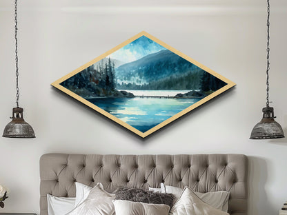 Misty Lake Retreat – Diamond Shaped Canvas Textured Print with tranquil blue waters, evergreen reflection scene, peaceful nature wall art