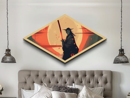 Demon Samurai Stance Diamond Shaped Canvas Art Print, Japanese Anime Warrior Decor, Red Moon Battle Scene, Teen Room Artwork