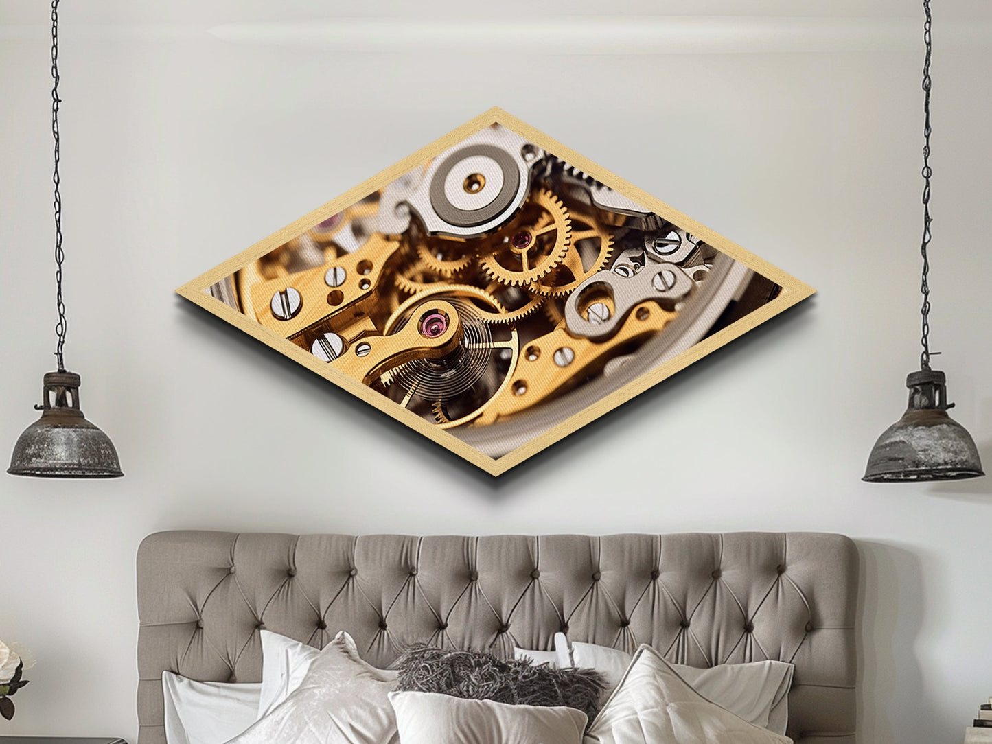 Horology Precision Gears Diamond Shaped Canvas Embossed Print, Steampunk Clockwork Art, Industrial Style Decor, Watchmaker Gift
