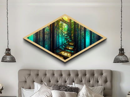 Magic Forest Portal Diamond Shaped Canvas Textured Print, fantasy woodland entrance art, colorful ethereal tree landscape print