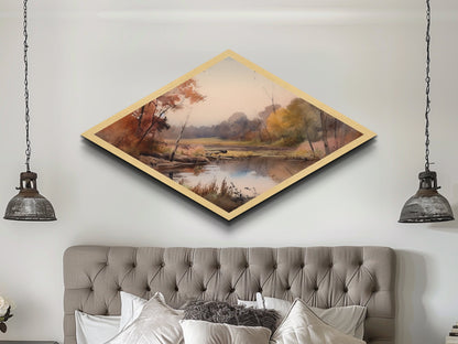 Woodland Reflections – Diamond Shaped Canvas Textured Print, Fall Forest Art, Water Scene Accent, Cozy Home Nature Wall Decor
