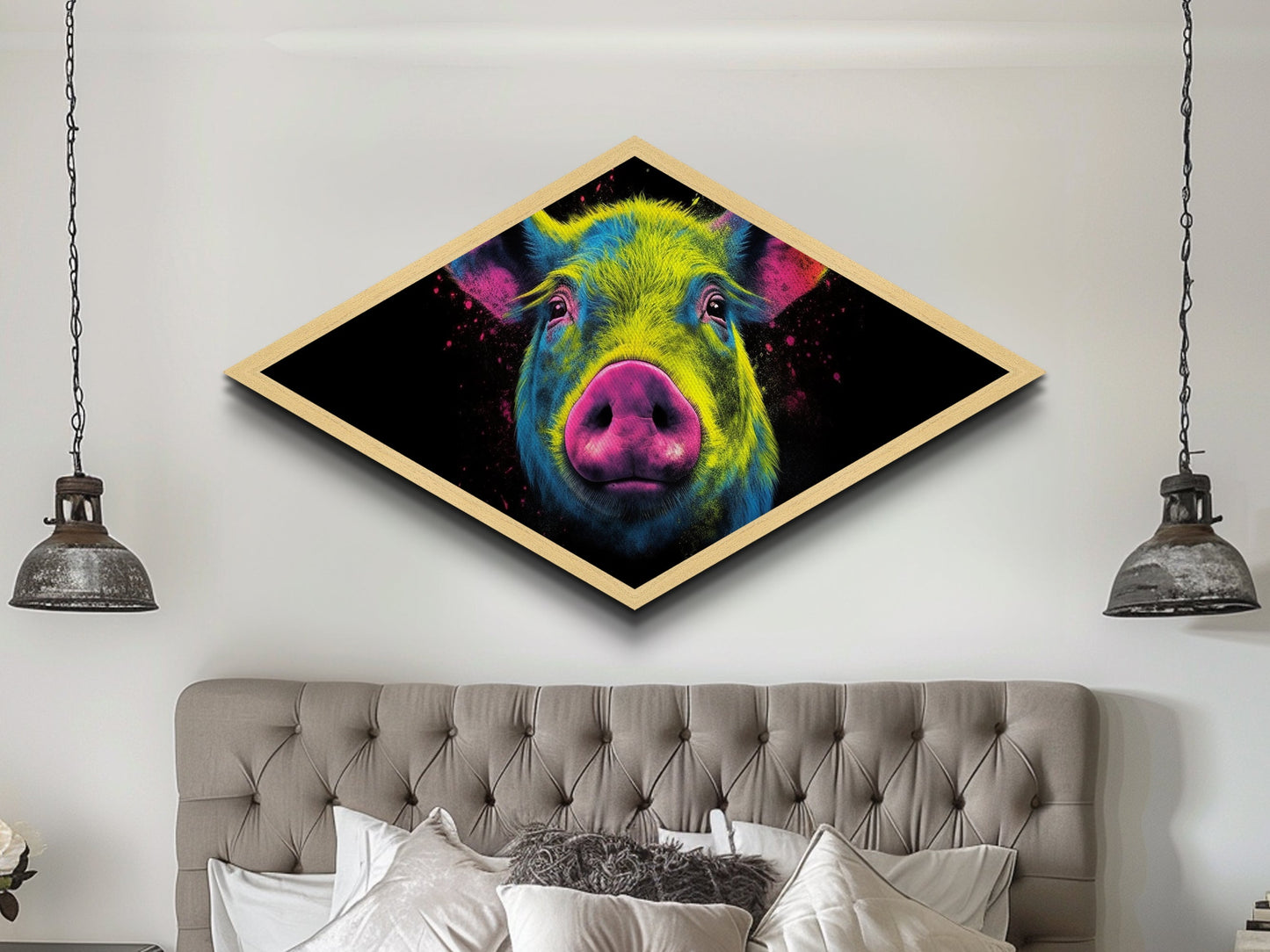 Psychedelic Pig Face – Diamond Shaped Canvas Art Print, Bold Animal Decor, Color Pop Wall Accent, Modern Farmhouse Nursery Gift