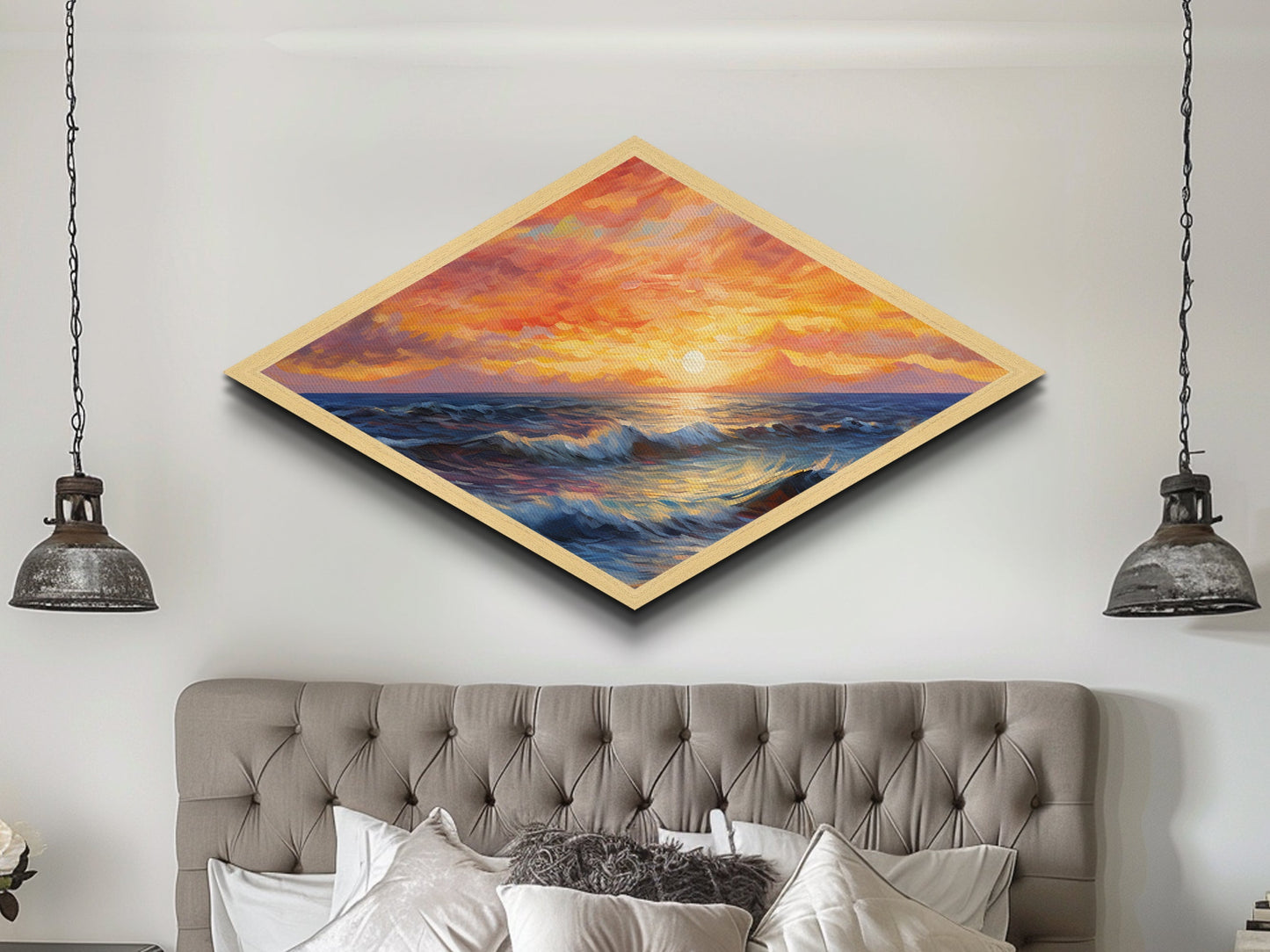 Ocean Sunset Diamond Shaped Canvas Art Print, Nautical Seascapes Painting, New England Style Art, Lakehouse Or Beach house Decor