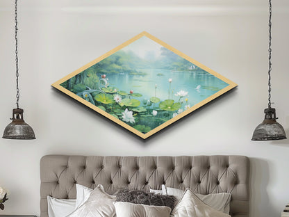 Tranquil Lily Pond Diamond Shaped Canvas Textured Print with peaceful lotus flowers, lake landscape art, spa room wall decoration