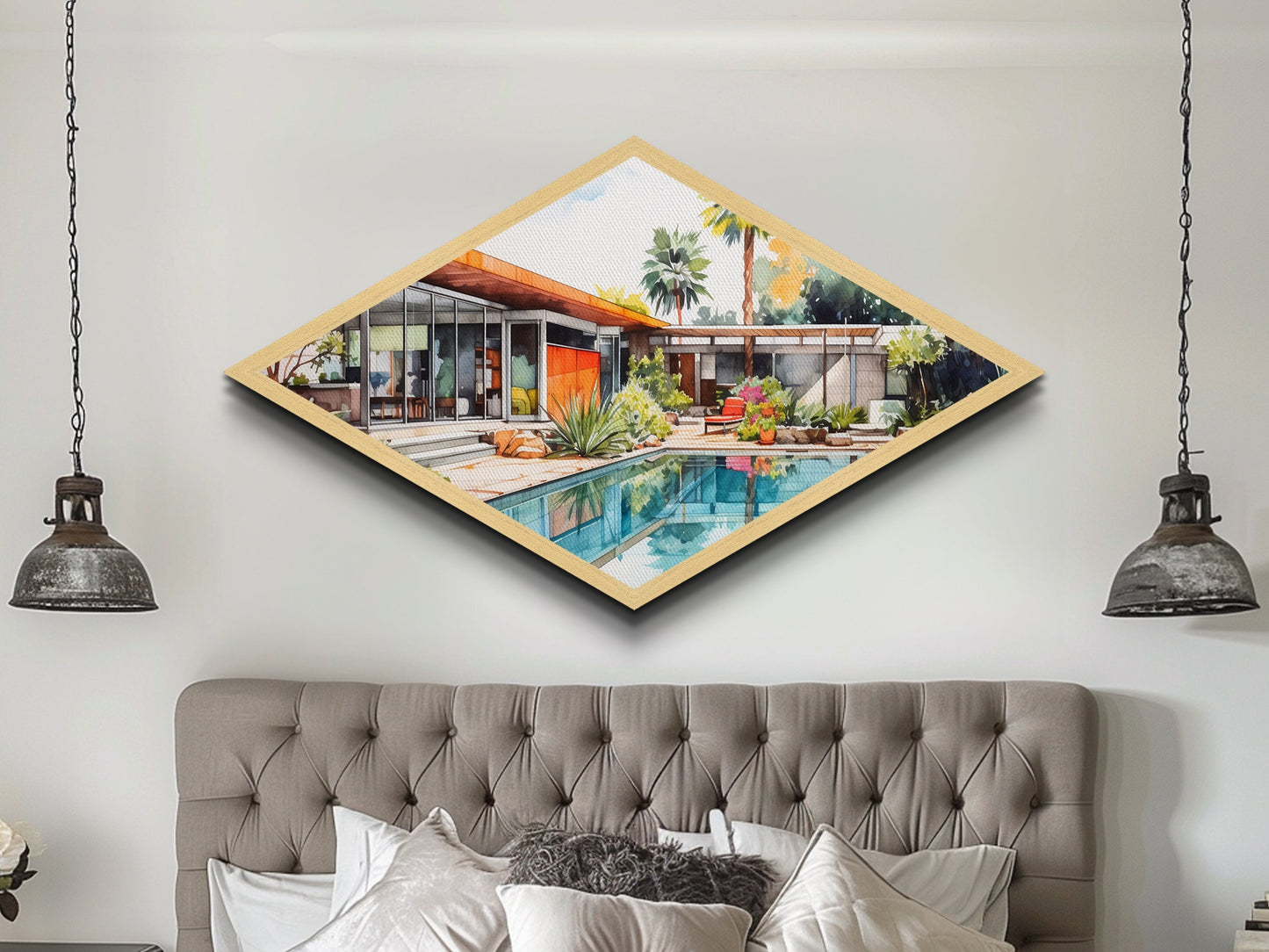 Midcentury Oasis Retreat Diamond Shaped Modern Home Canvas Art Print poolside bungalow retro palm springs architectural wall decor
