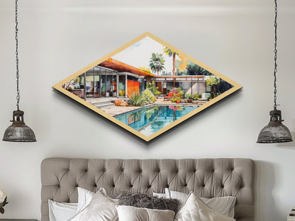 Midcentury Oasis Retreat Diamond Shaped Modern Home Canvas Art Print poolside bungalow retro palm springs architectural wall decor