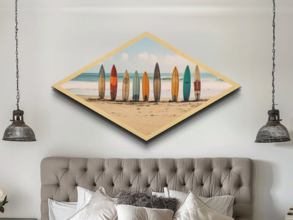 Coastal Surf Vibes Diamond Shaped Beach Canvas Art Print surfboards ocean retro seaside summer surf shack boho wall decor gift idea