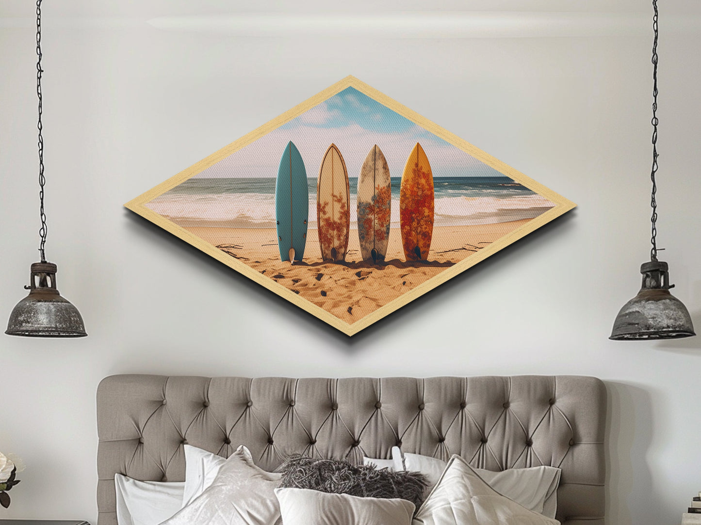 Vibrant Surf Quartet Diamond Shaped beach scene with surfboards wall decor Canvas Art Print coastal summer home accent gift idea