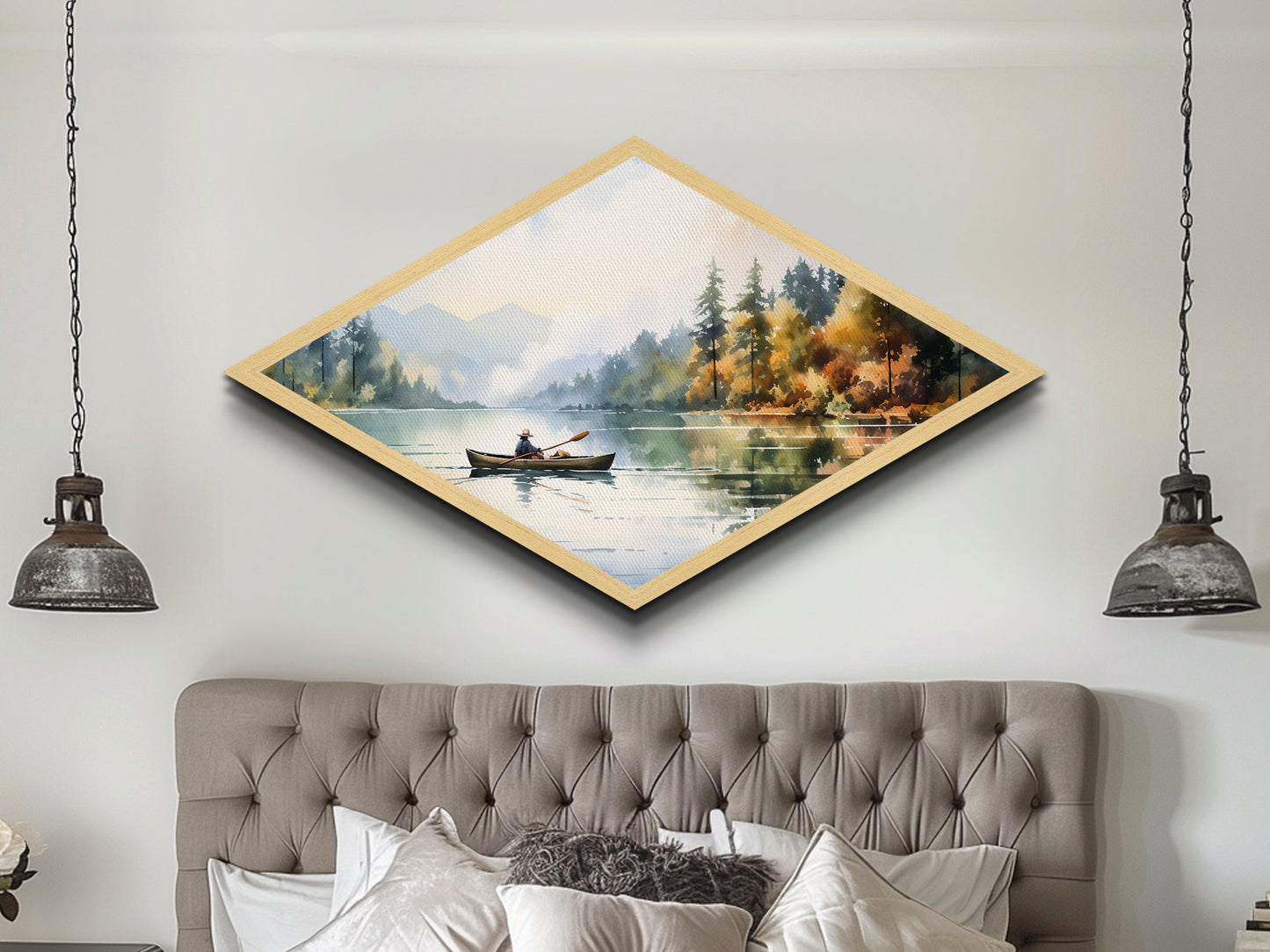 Peaceful Canoe Morning Diamond Shaped watercolor lake art Canvas Textured Print nature inspired calming space cabin or retreat gift