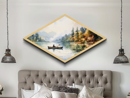 Peaceful Canoe Morning Diamond Shaped watercolor lake art Canvas Textured Print nature inspired calming space cabin or retreat gift