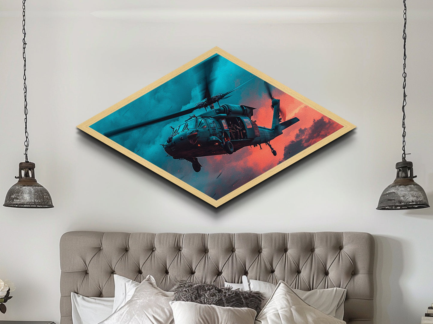 Midnight Drop Mission — Diamond Shaped Canvas Art Print helicopter military decor, stormy sky artwork, man cave or office statement