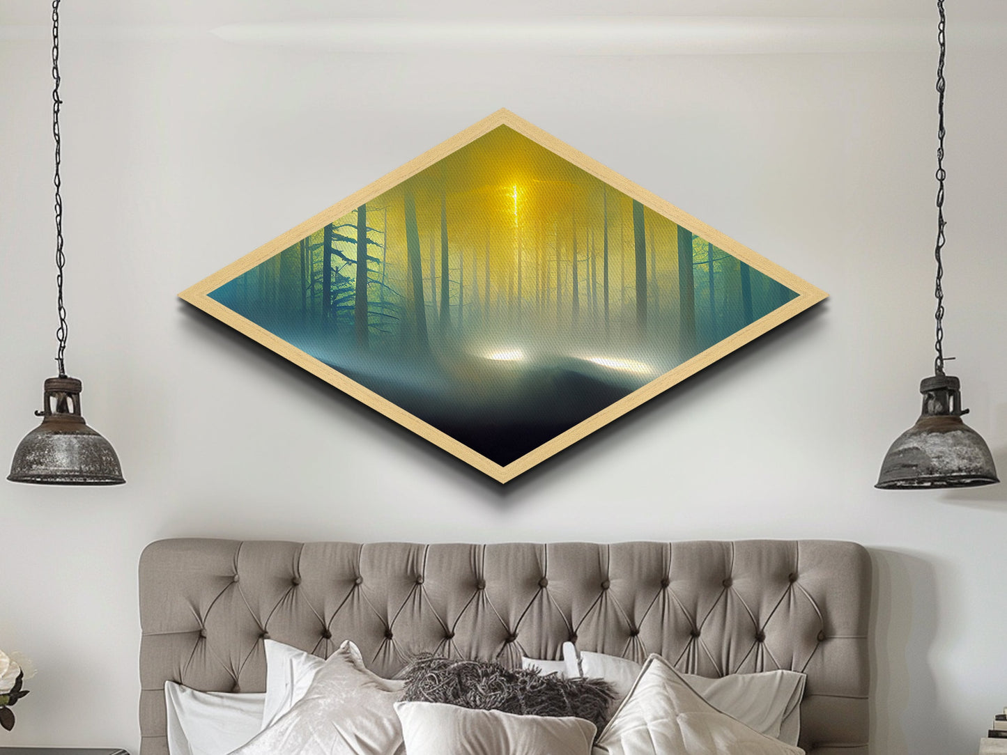Forest Glow Tranquility Diamond Shaped Canvas Art Print, Misty Pines Sunrise Landscape Wall Decor, Nature Inspired Zen Room Accent