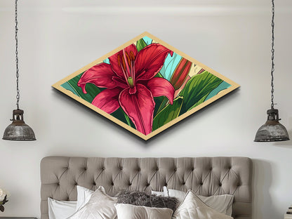 Crimson Bloom Lily Diamond Shaped Canvas Textured Print botanical flower art tropical decor living room wall art Mother's Day gift