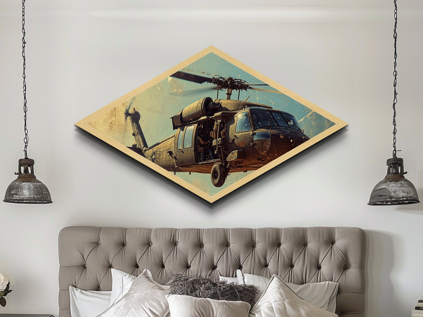 Combat Helicopter Lift Diamond Shaped Canvas Embossed Print military aviation wall art patriotic decor man cave centerpiece